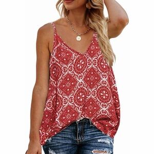 TECREW Red Bandana Print Boho V Neck Tank Top Womens Medium